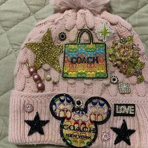 Reversible Junk patches  Pink Beanie with Colorful Embellishments-Thermal